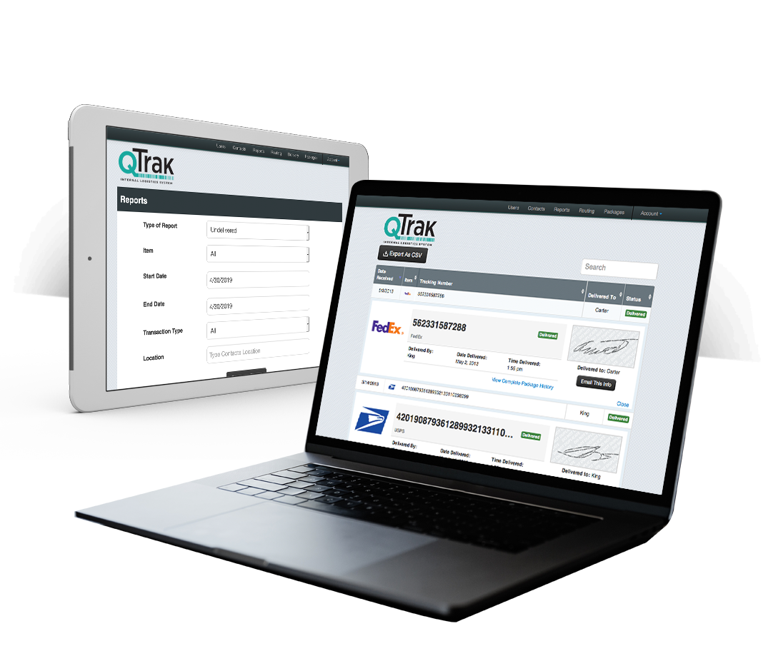QTrak package tracking app running on an iPad and laptop